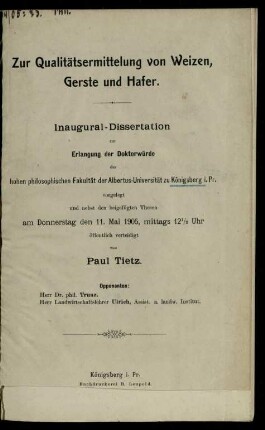 Zur Qualitätsermittelung von Weizen, Gerste und Hafer