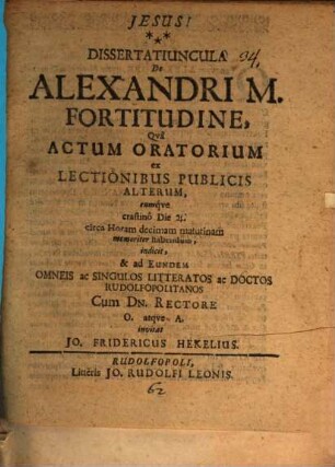 Dissertatiuncula de Alexandri M. fortitudine