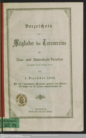 1893: Verzeichnis der Mitglieder des Turnvereins für Neu- und Antonstadt-Dresden : nach dem Stande vom ...