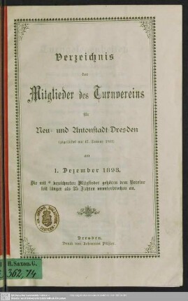 1893: Verzeichnis der Mitglieder des Turnvereins für Neu- und Antonstadt-Dresden : nach dem Stande vom ...