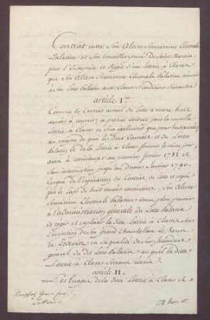 Vertrag des Kurfürsten Karl Theodor von Pfalz-Bayern mit dem Baron de St. Martin wegen Errichtung einer Klassenlotterie.