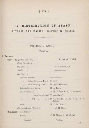 IV. - Distribution of staff: Revenue and Marine: according to stations