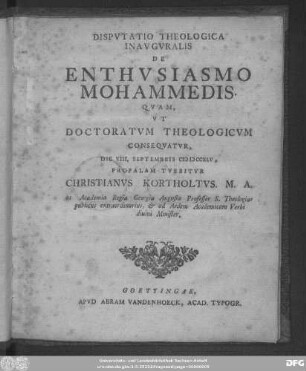 Dispvtatio Theologica Inavgvralis De Enthvsiasmo Mohammedis