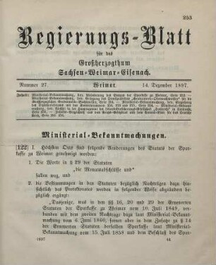 122. Ministerial-Bekanntmachung, betreffend Abänderung des Statuts der Sparkasse zu Weimar