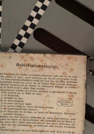 Subscriptionsanzeige betr. zinkographirte Zeichnungen von dem Stephenson'schen Dampfwagen der Ludwigs-Eisenbahn-Gesellschaft