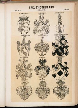 Taf. 408. Schlichtkrull. - Schlieben. - Schlieckmann. - Schlieffen I. - Schlieffen II. - Schlippenbach Stw. - Schlochow. - Schloss. - Schlotheim. - Schlözer. - Schüsser. - v. Schlütter