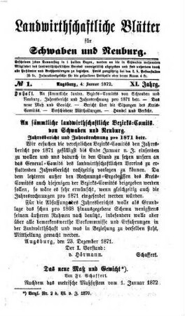 Landwirtschaftliche Blätter für Schwaben und Neuburg. 11. 1872