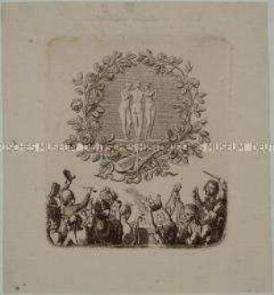 Allegorisches Blatt, genannt "Die Enthusiasten", mit der Huldigung der drei Grazien