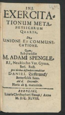 Exercitationum Metaphysicarum Quarta, De Unione Et Communicatione