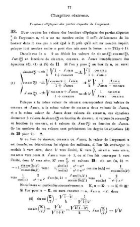 Chapitre sixième. Fonctions elliptiques des parties aliquotes de l'argument.