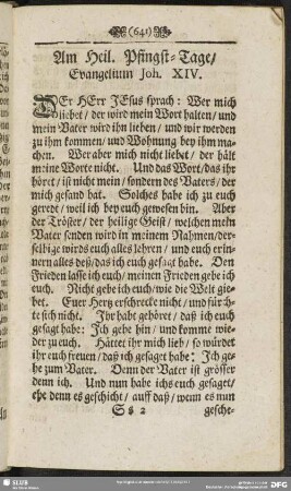 Am Heil. Pfingst-Tage, Evangelium Joh. XIV
