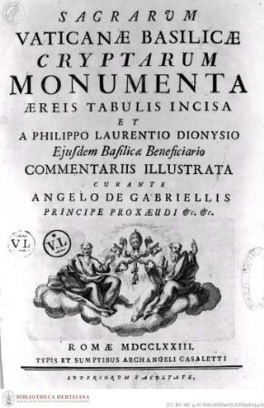 Sacrarum Vaticanae Basilicae Cryptarum monumenta. 1773Titelblatt: ... - Frontispizio