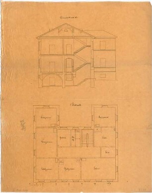 Voit, August von; Landgerichtsgebäude - Grundriss 1. OG, Querschnitt