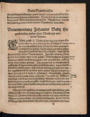 Verantwortung Johannis Badii Gegenberichts wider Herr Ulenbergs vermeinte Antwort.