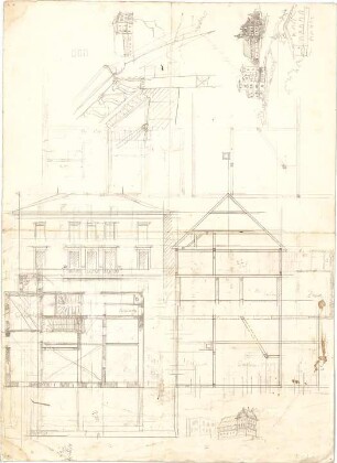 Thiersch, August ; Wohnhausentwürfe A - G - Grundriss, Teilansicht, Schnitt, Perspektive, Detail