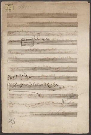 Quartets, vl (2), vla, b, G-Dur - BSB Mus.ms. 1485 : [title, vl 1:] Quartetto. // [Incipit] // Del Sig: Sigismondo L: Baron de Rumlinge