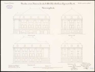 Artilleriekaserne II/27, Wiesbaden: Kammergebäude: Aufriss Nordostansicht, Nordwestansicht, Südostansicht, Südwestansicht 1:100