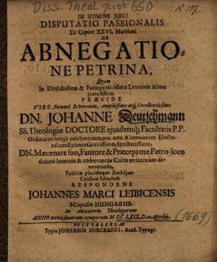 Disputatio Passionalis Ex Capite XXVI, Matthaei De Abnegatione Petrina