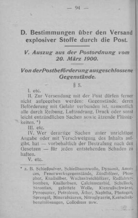 V. Auszug aus der Postordnung vom 20. März 1900.