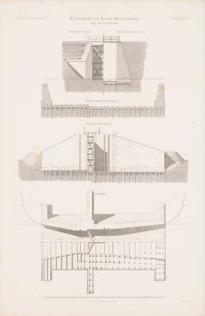 Melioration des Niederoderbruchs: Grundriss, Ansicht, Details Siel bei Bellinchen (aus: Atlas zur Zeitschrift für Bauwesen, hrsg. v. G. Erbkam, Jg. 12, 1862)