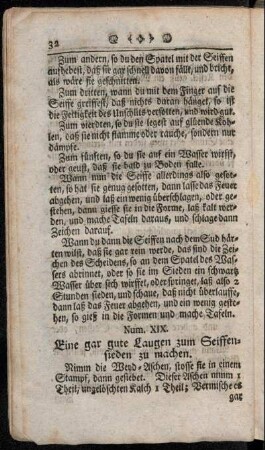 Num. XIX. Eine gar gute Laugen zum Seiffensieden zu machen. - Num. XLVIII. Schöne leicht-schwimmende Seiffe zu machen.