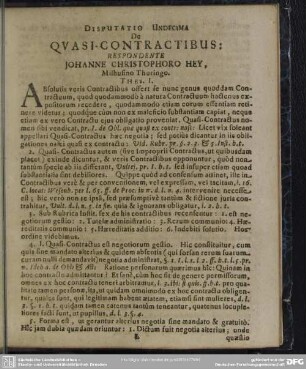 Disputatio Undecima De Quasi-Contractibus: Respondente Johanne Christophoro Hey, Milhusino Thuringo