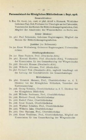 Personalstand der Königlichen Bibliothek am 1. Sept. 1916