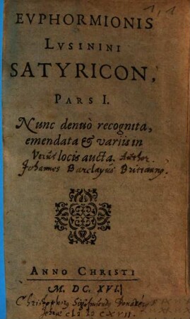 Evphormionis Lvsinini Satyricon. 1