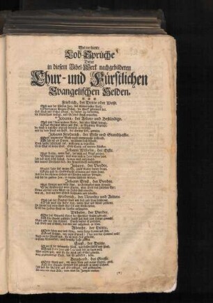 Wol-verdiente Lob-Sprüche Derer in diesem Bibel-Werk nachgebildeten Chur- und Fürstlichen Evangelischen Helden.