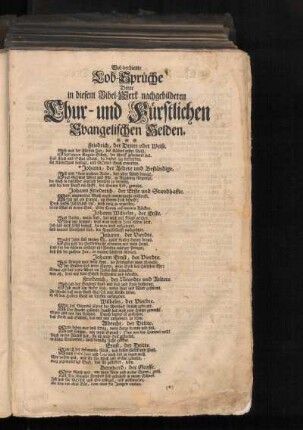 Wol-verdiente Lob-Sprüche Derer in diesem Bibel-Werk nachgebildeten Chur- und Fürstlichen Evangelischen Helden.