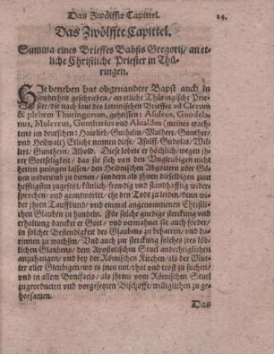 Das Zwölfte Capittel. Summa eines Brieffes Babsts Gregorij, an etliche Christliche Priester in Thüringen