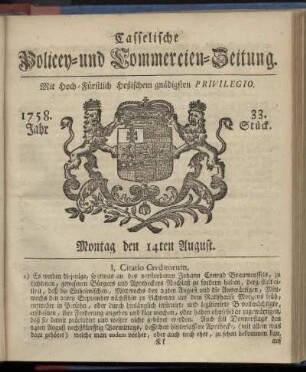 33. Stueck, Montag den 14ten August 1758