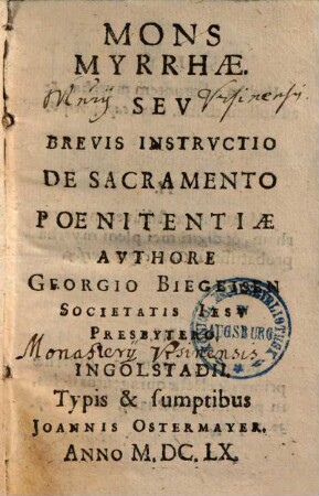 Mons Myrrhae Sev Brevis Instrvctio De Sacramento Poenitentiae
