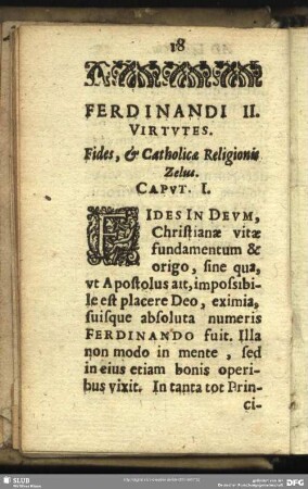 Ferdinandi II. Virtutes. Fides, & Catholicae Religionis Zelus. Caput. I.