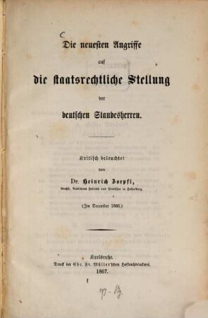 Die neuesten Angriffe auf die staatsrechtliche Stellung der deutschen Standesherren
