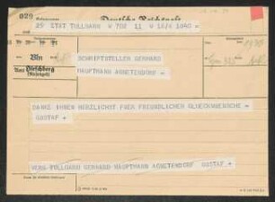 Brief von Gustaf  an Gerhart Hauptmann