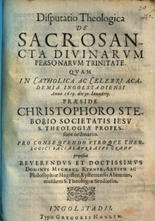 Disputatio Theologica De Sacrosancta Divinarvm Personarvm Trinitate