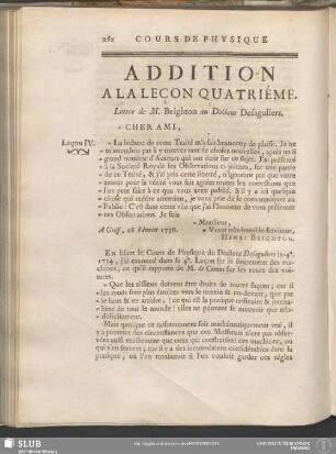 Addition A La Leçon Quatriéme. Lettre de M. Beighton au Docteur Desaguliers