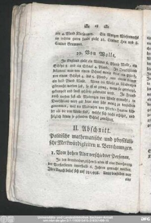 II. Abschnitt. Politische mathematische und physikalische Merkwürdigkeiten u. Berechnungen.