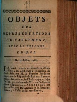 Objets Des Représentations Du Parlement, Avec La Reponse Du Roi