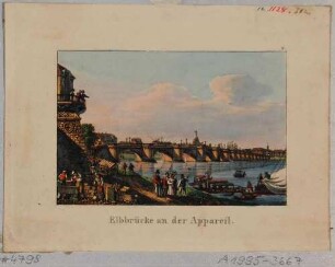 Die Elbbrücke (alte Augustusbrücke, 1727-31 von Pöppelmann) in Dresden, Blick vom Ausschiffungsplatz an der Elbe, unterhalb der Brühlschen Terrasse nach Nordwesten auf die Neustadt