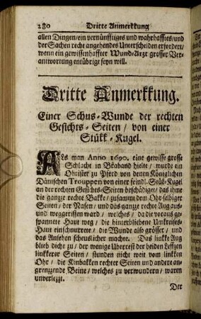 Dritte Anmerkkung. Einer Schus-Wunde der rechten Gesichts-Seiten / von einer Stükk-Kugel.