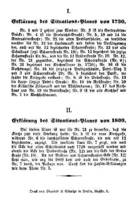 I. Erklärung des Situations-Planes von 1730. II. Erklärung des Situations-Planes von 1809
