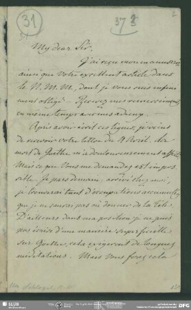 Eigenh. Brief m. Beilage von August Wilhelm von Schlegel an Abraham Hayward, London, 05.04.1832