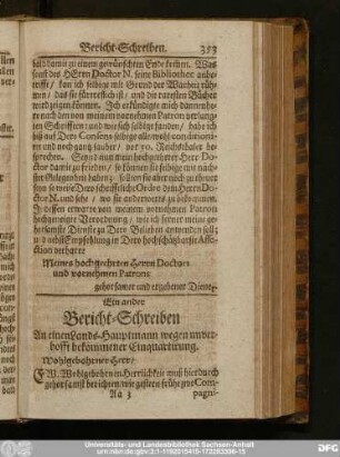 Ein ander Bericht-Schreiben An einen Lands-Hauptmann wegen unverhofft bekommener Einquartirung.