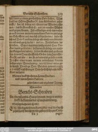 Ein ander Bericht-Schreiben An einen Lands-Hauptmann wegen unverhofft bekommener Einquartirung.