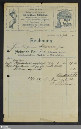 Heinrich Paulinus, Schlossermeister, Eisenkonstruktions-Werkstatt m. Motor-Betrieb, Bautzen : Rechnung