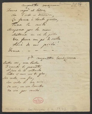 Handschriftlicher Text "Canzonetta veneziana"