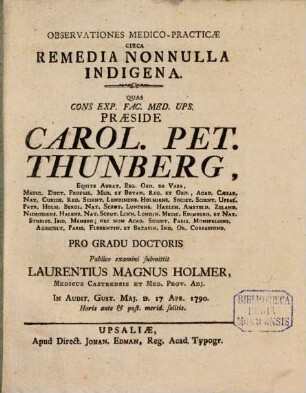 Observationes med.-pract. circa remedia nonnulla indigena