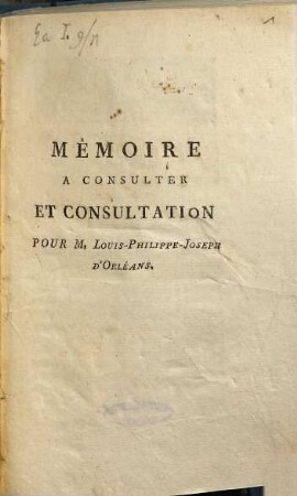 Mémoire à consulter et consultation pour M. Louis-Philippe-Joseph d'Orléans